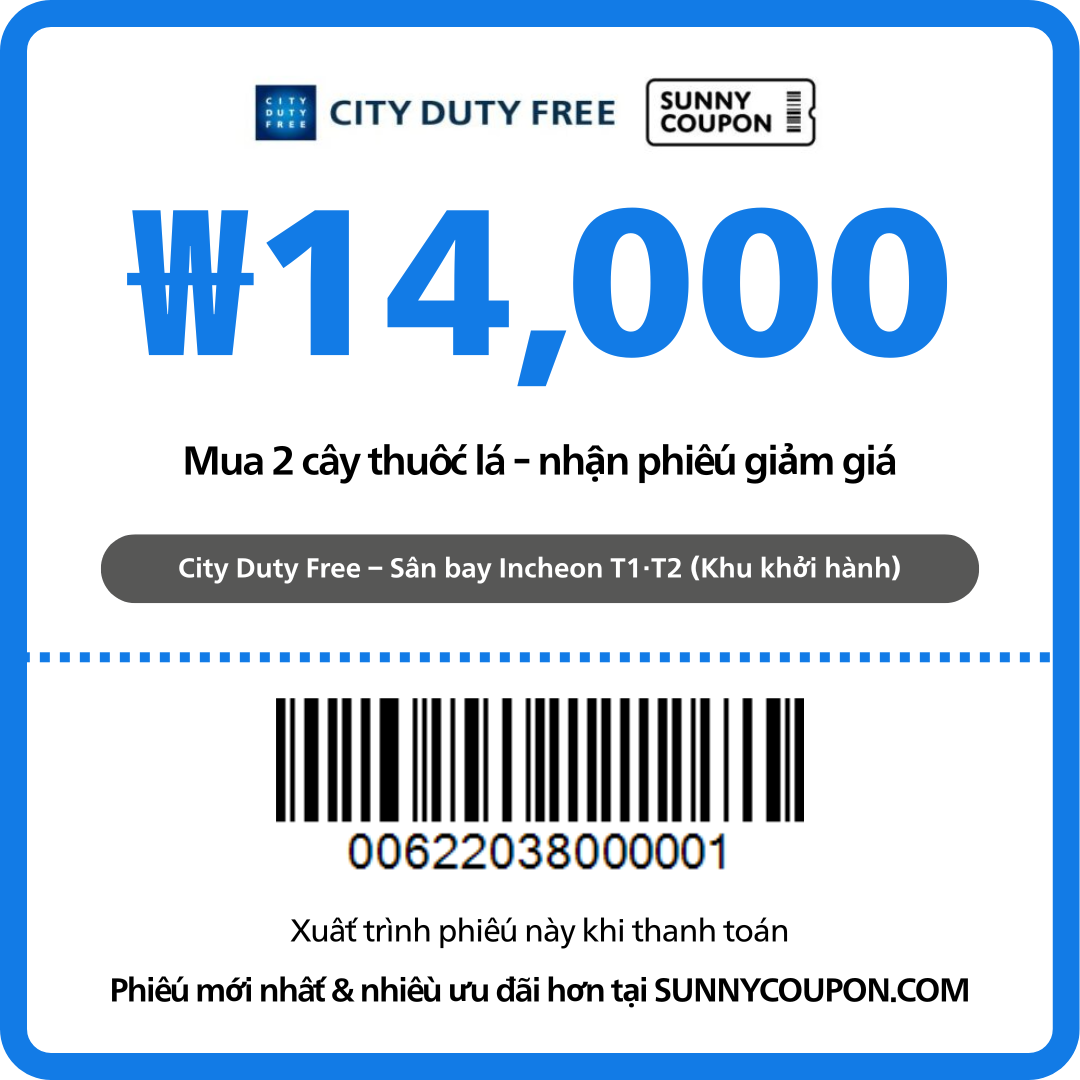 Cửa hàng miễn thuế City – Sân bay Incheon – Phiếu giảm ₩14,000 cho thuốc lá