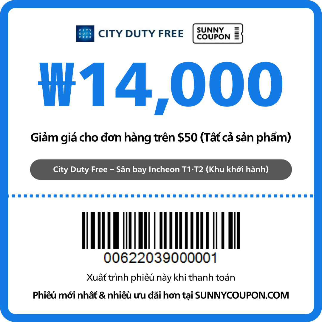 Cửa hàng miễn thuế City – Sân bay Incheon – Phiếu giảm ₩14,000 cho tất cả sản phẩm